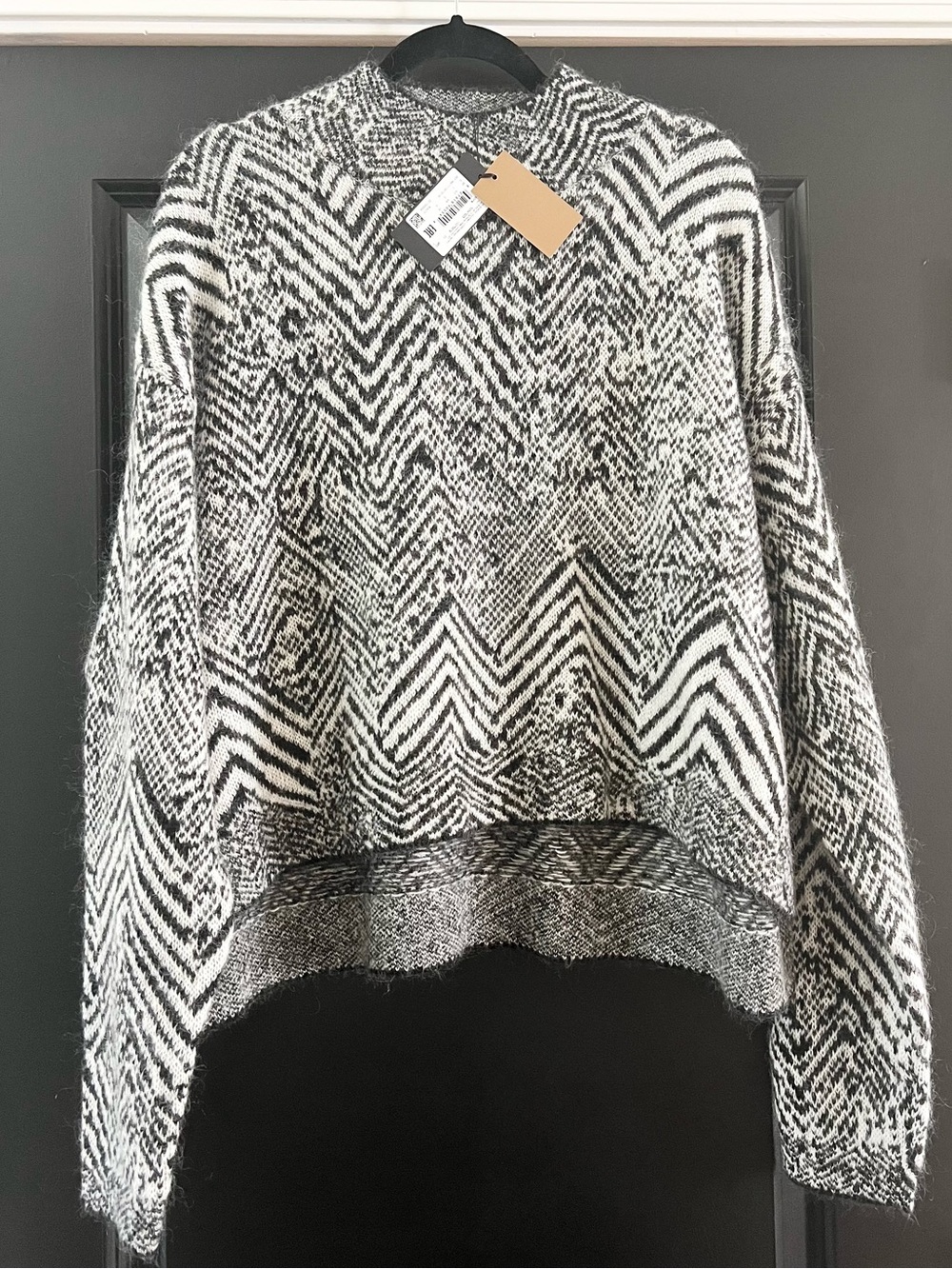 BOSS Faclina Mohair Wool Herringbone Sweater Black White NWT L
